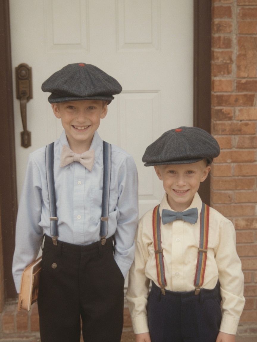 Two boys in flat caps, bow ties and suspenders standing on a front doorstep