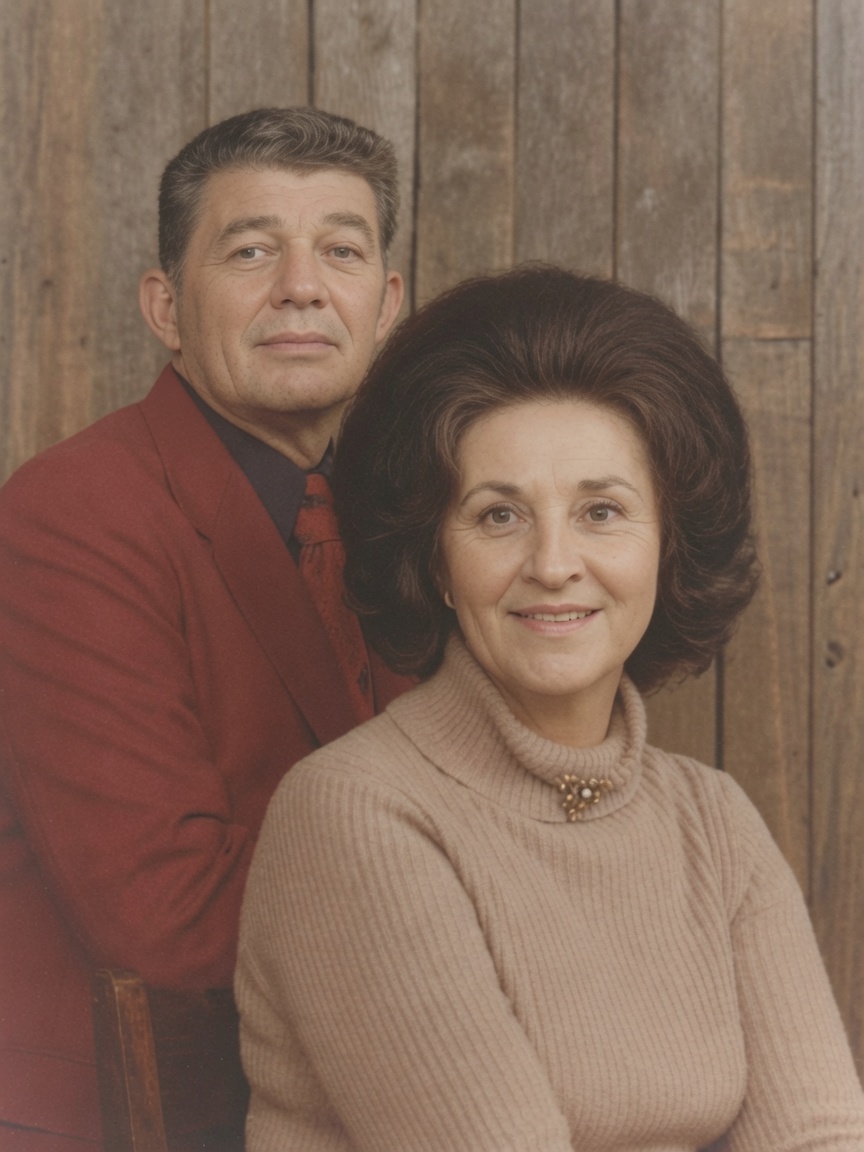 A couple photographed in the 1970s in front of a weathered wood wall